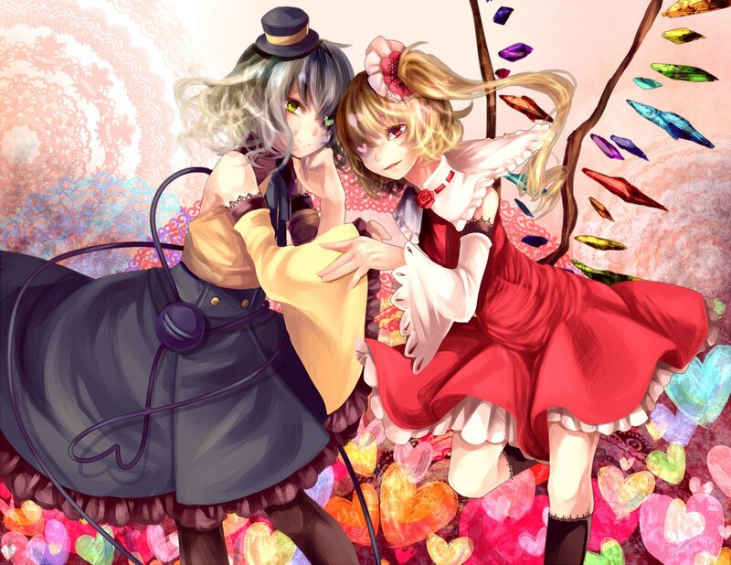 Two Girls in Dresses — Red, Playful, Anime, Hearts