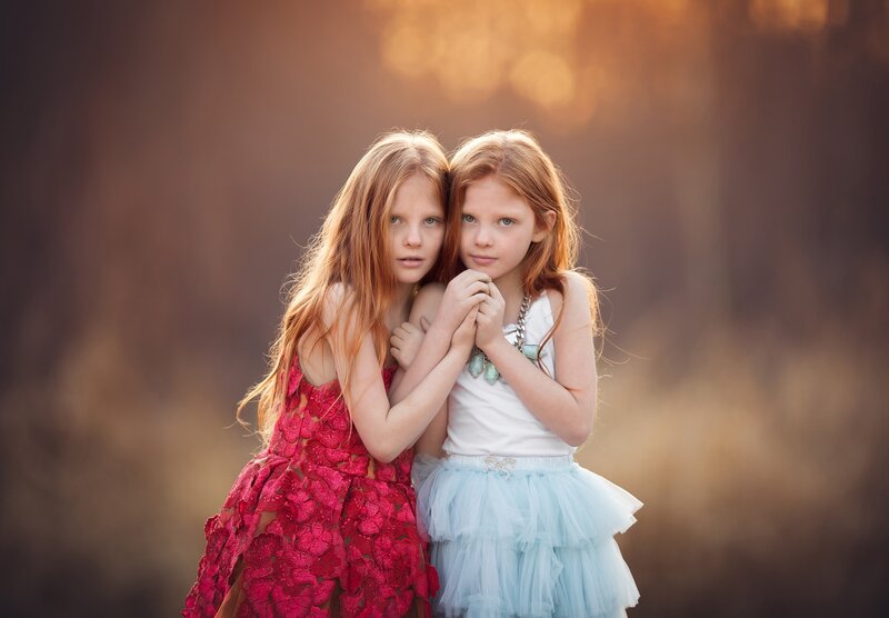 Two Girls in Dresses — Red, Serene, Sunset, Photograph