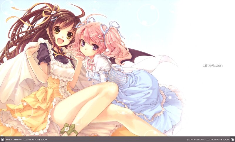 Two Girls in Dresses — White, Cheerful