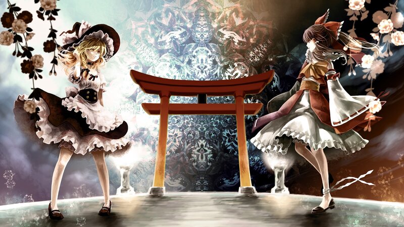 Two Girls in Dresses — White, Dramatic, Digital Art, Torii Gate
