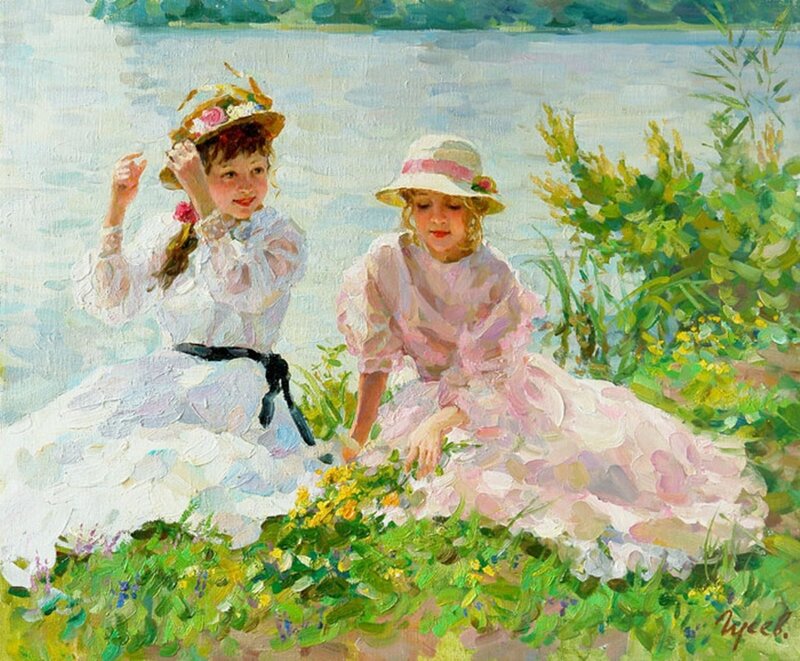 Two Girls in Dresses — White, Serene, Afternoon, Painting