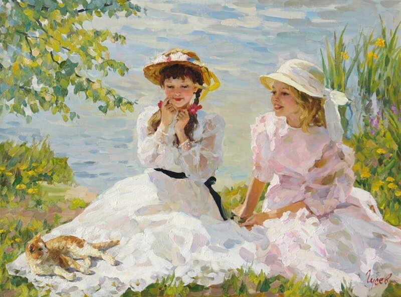 Two Girls in Dresses — White, Serene, Afternoon