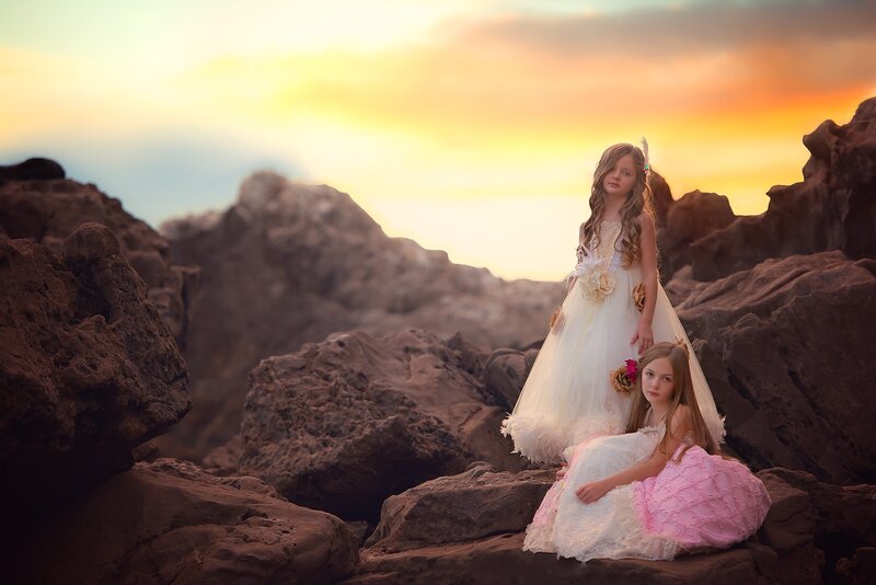 Two Girls in Dresses — White, Serene, Sunset