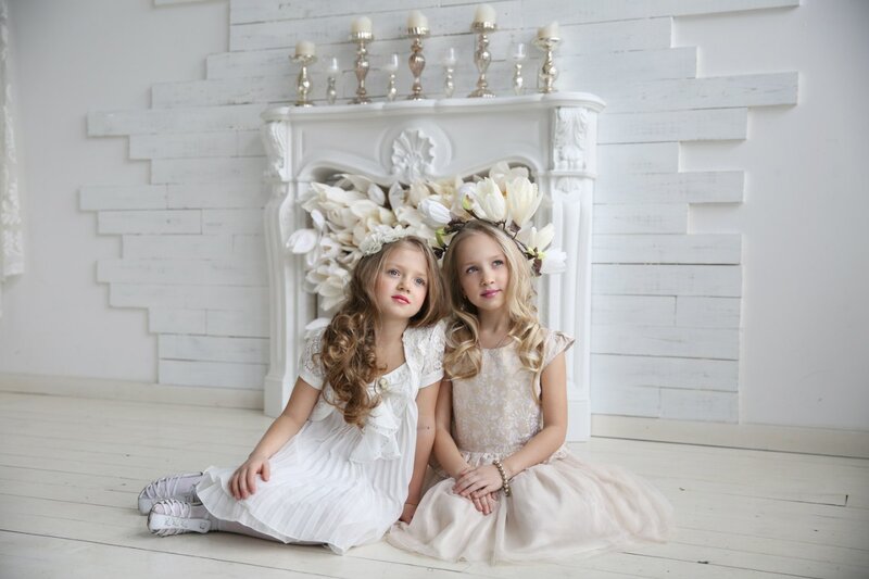 Two Girls in Dresses — White, Serene