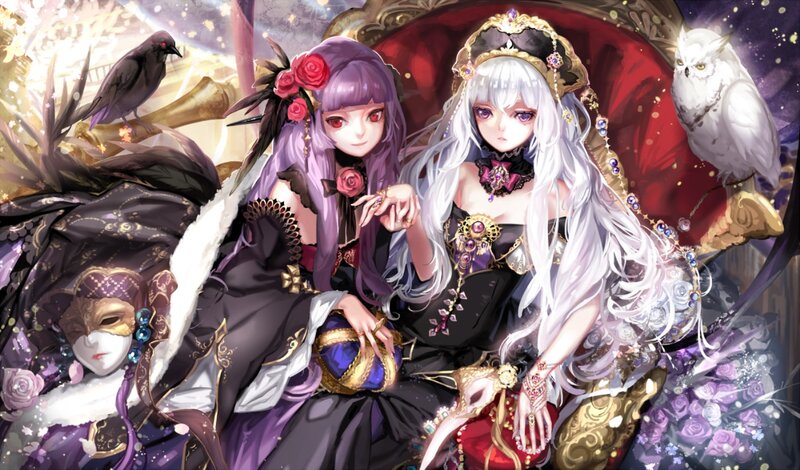 Two Girls in Elaborate Dresses — Purple, Dramatic, Night