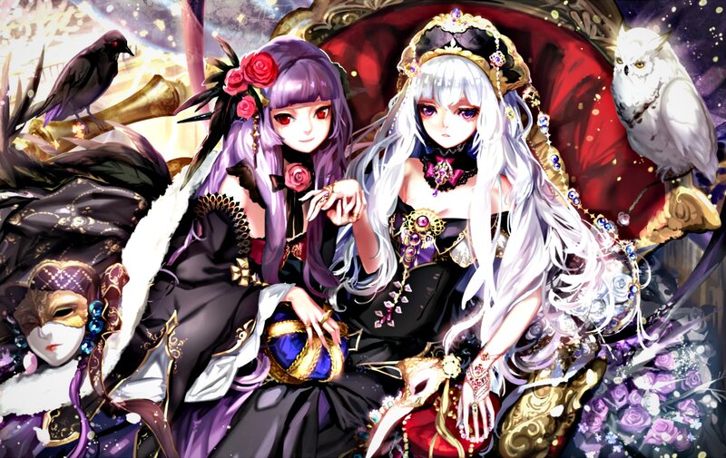 Two Girls in Elaborate Dresses — Purple, Dramatic