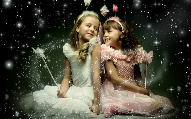 Two Girls in Fairy Costumes — White, Magical, Night