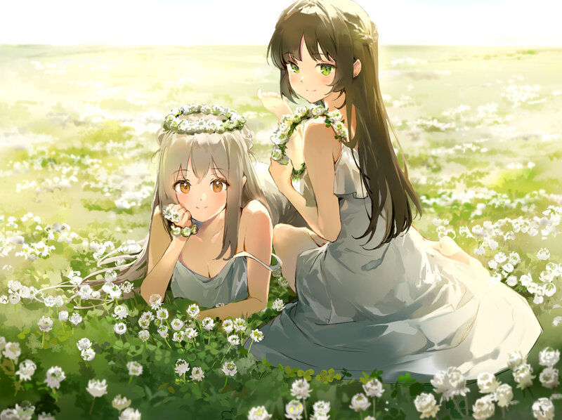 Two Girls in Field — Green, Serene, Afternoon, Anime