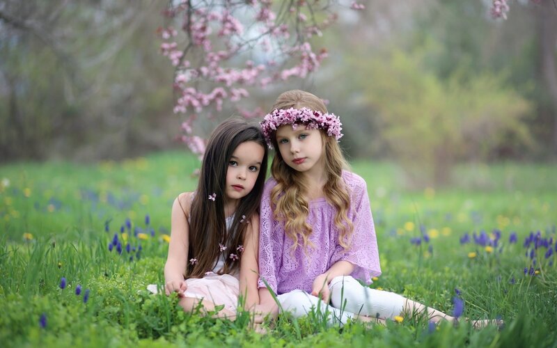 Two Girls in Field — Green, Serene, Spring