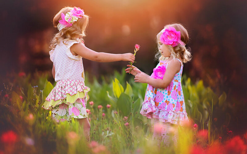 Two Girls in Field — Pink, Serene, Sunset