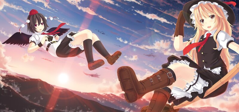 Two Girls in Flight — Blue, Dramatic, Sunset