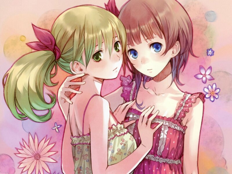 Two girls in floral dresses