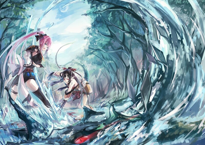 Two Girls in Forest — Blue, Dramatic, Digital Art