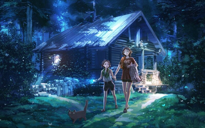 Two Girls in Forest — Blue, Serene, Night, Anime