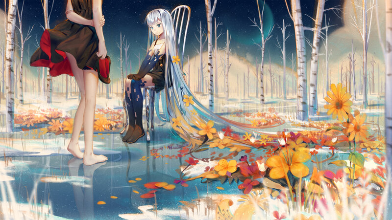 Two Girls in Forest — Blue, Serene, Night, Digital Art, Flowers