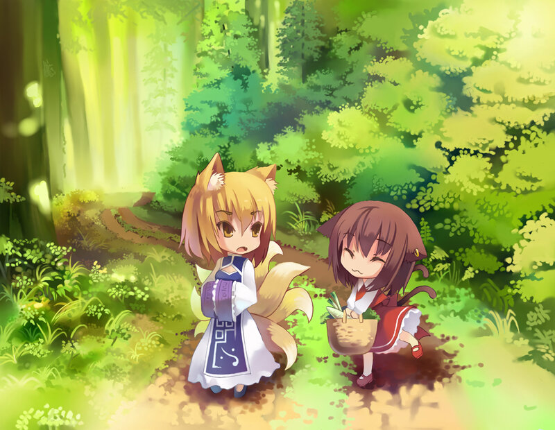 Two Girls in Forest — Green, Serene, Afternoon, Anime, Fox Ears