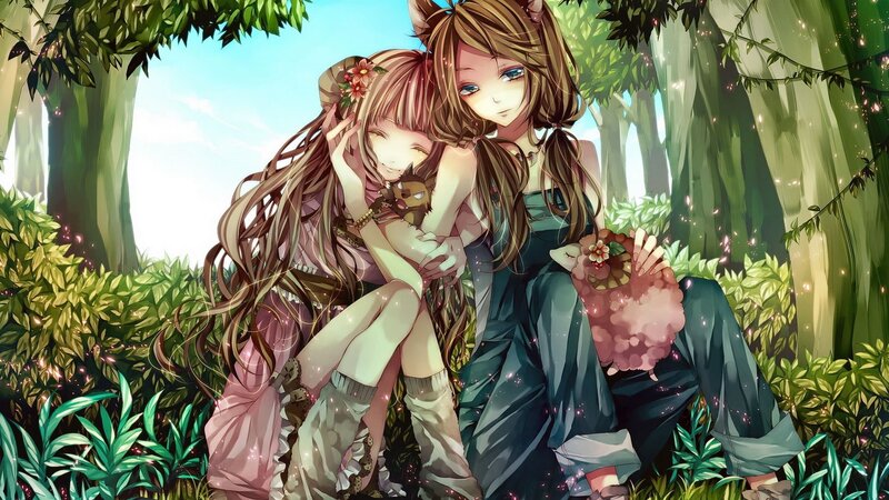 Two Girls in Forest — Green, Serene, Afternoon, Anime, Trees, Animals