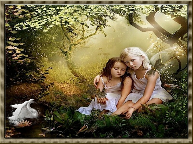 Two Girls in Forest — Green, Serene, Afternoon, Digital Art, Dragonflies