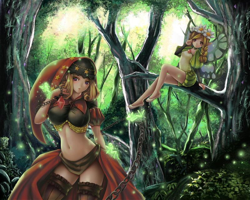 Two Girls in Forest — Green, Serene, Afternoon, Digital Art, Fairy