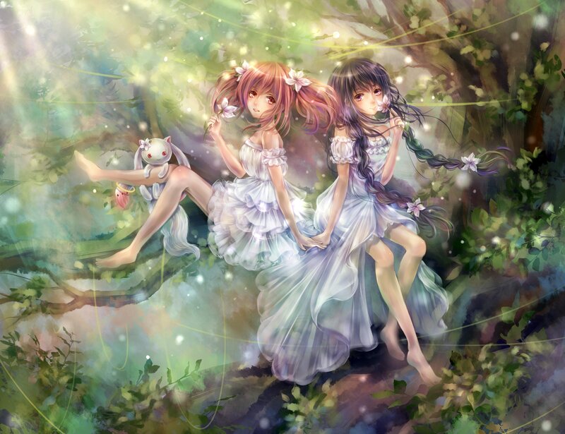 Two Girls in Forest — Green, Serene, Afternoon, Digital Art, Flowers