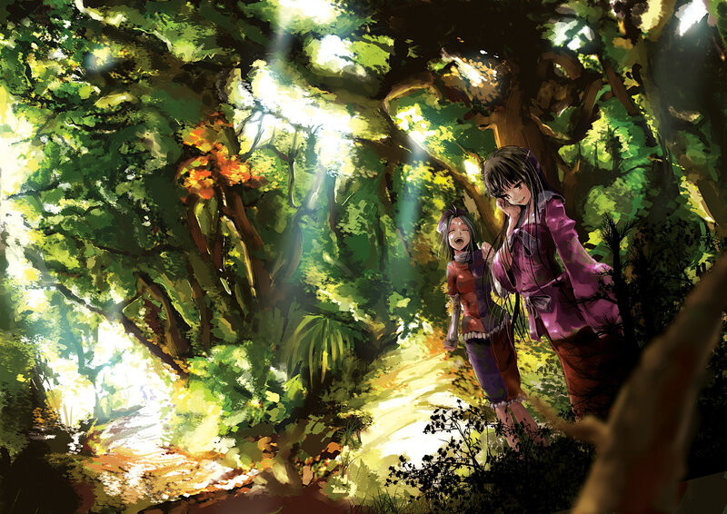 Two Girls in Forest — Green, Serene, Afternoon, Digital Art