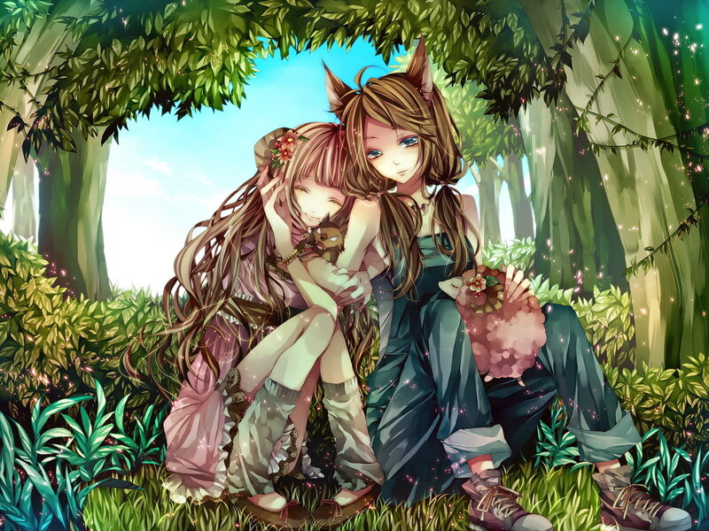 Two Girls in Forest — Green, Serene, Afternoon