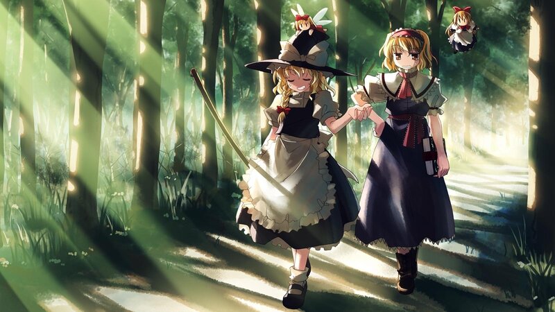 Two Girls in Forest — Green, Serene, Morning, Anime, Sunlight, Witch Hat