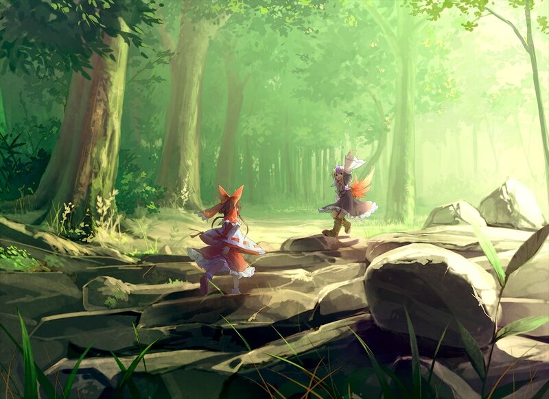 Two Girls in Forest — Green, Serene, Morning, Digital Art
