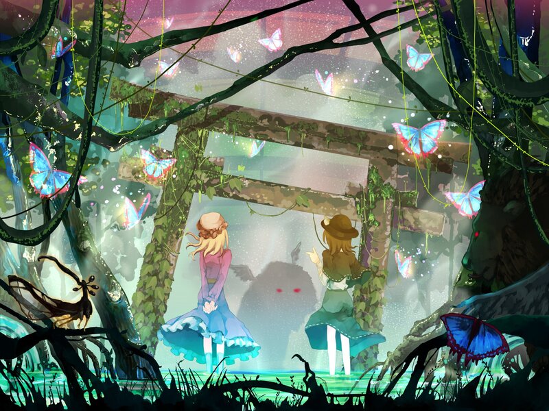 Two Girls in Forest — Green, Serene, Night, Digital Art, Butterflies