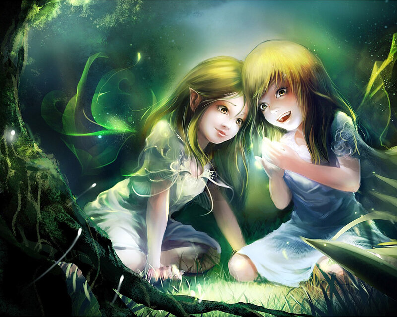 Two Girls in Forest — Green, Serene, Night
