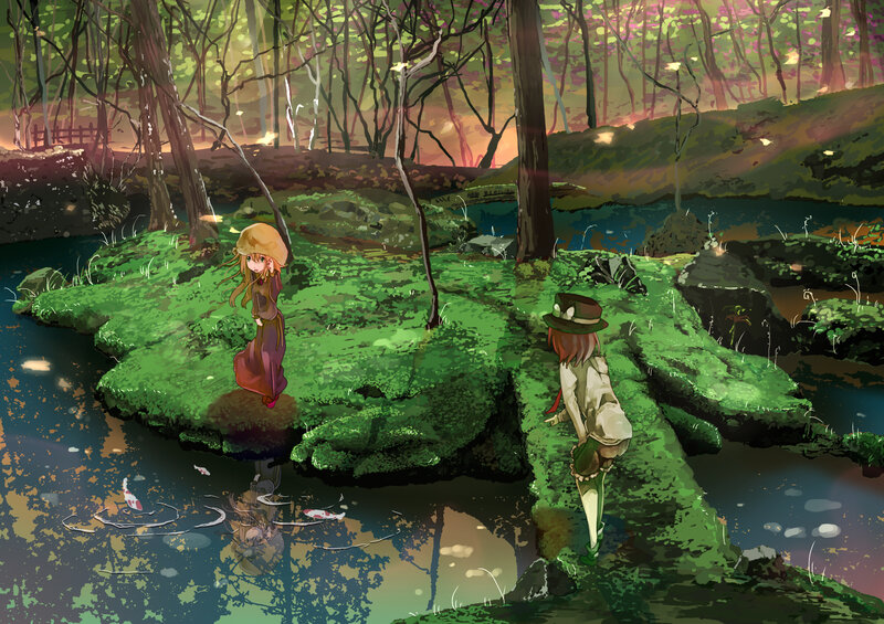 Two Girls in Forest — Green, Serene, Sunset
