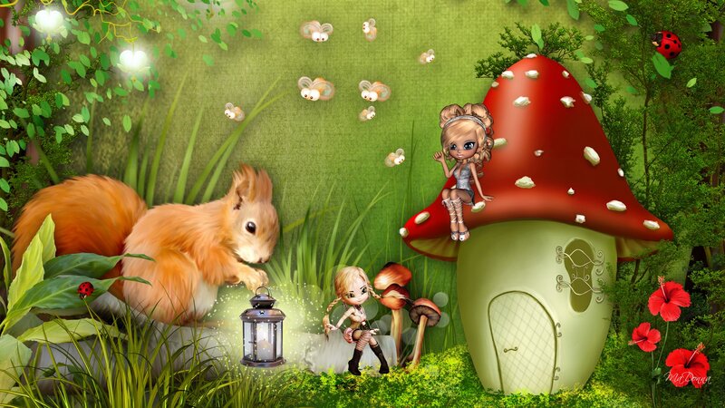 Two Girls in Forest — Green, Whimsical