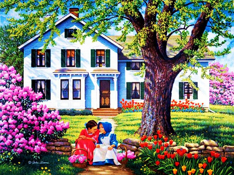 Two Girls in Garden — Blue, Peaceful