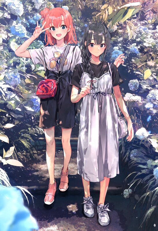 Two Girls in Garden — Blue, Serene, Afternoon, Anime