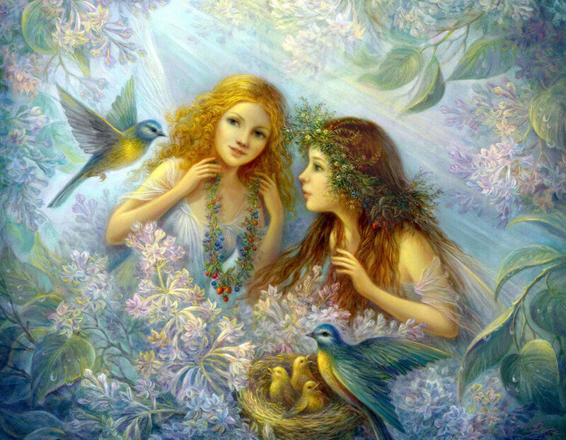 Two Girls in Garden — Blue, Serene