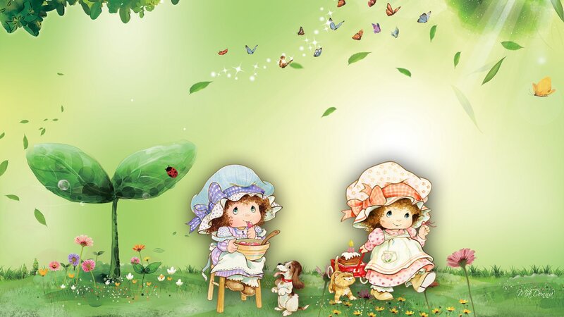 Two Girls in Garden — Green, Cheerful