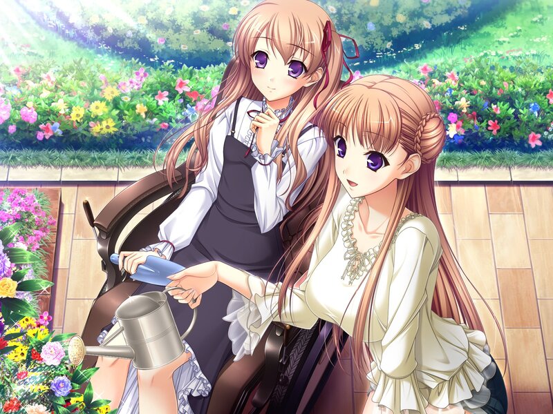 Two Girls in Garden — Green, Serene, Afternoon, Anime