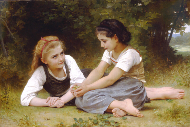 Two Girls in Garden — Green, Serene, Afternoon, Painting, Grapes