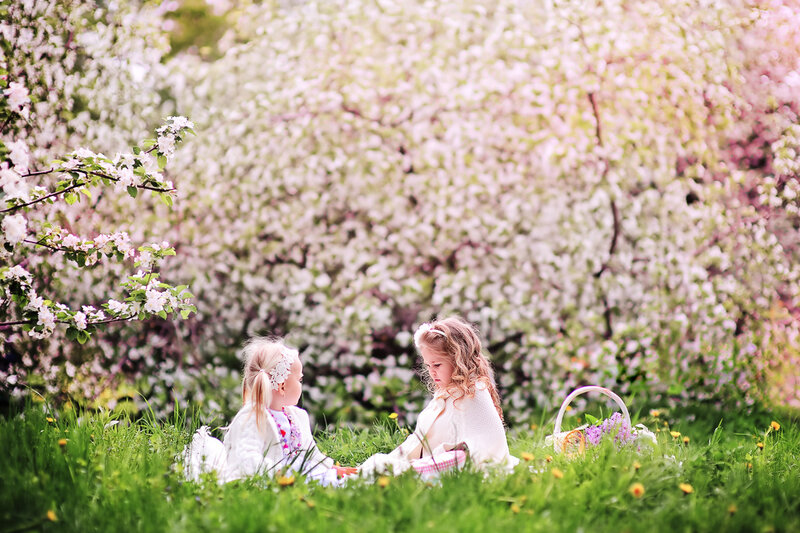 Two Girls in Garden — Green, Serene, Spring, Photograph