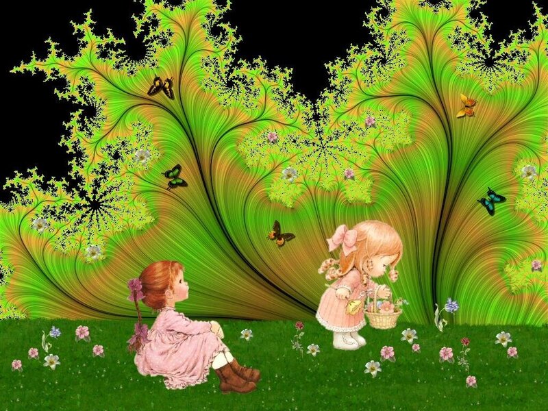 Two Girls in Garden — Green, Serene, Spring