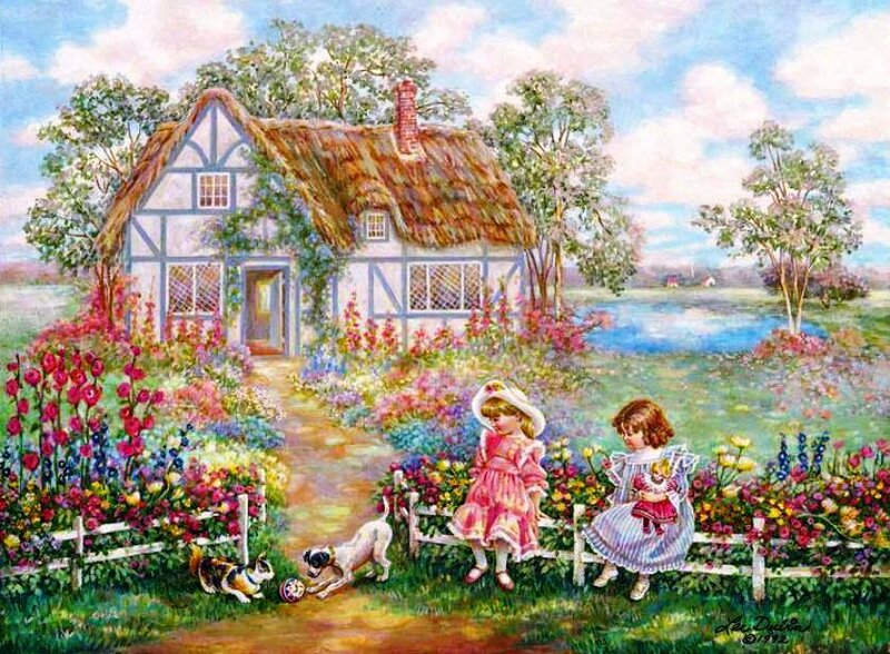 Two Girls in Garden — Green, Serene