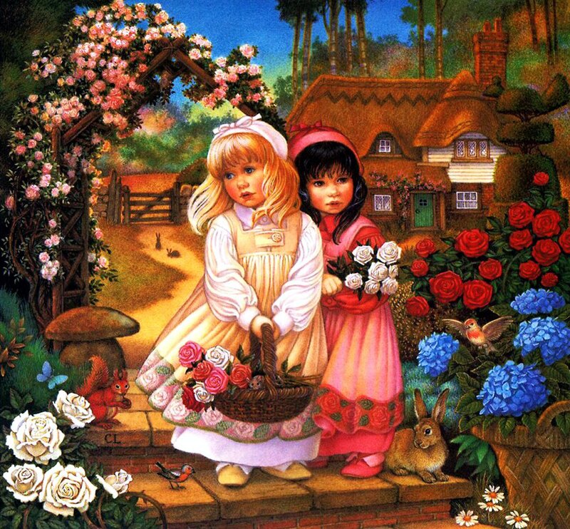 Two Girls in Garden — Pink, Serene, Afternoon, Illustration