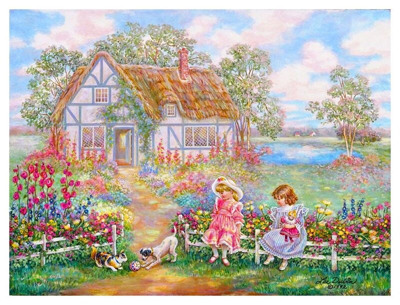 Two Girls in Garden — Pink, Serene