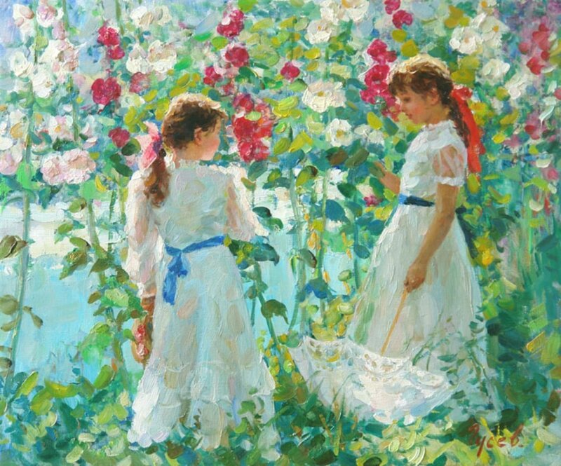 Two Girls in Garden — White