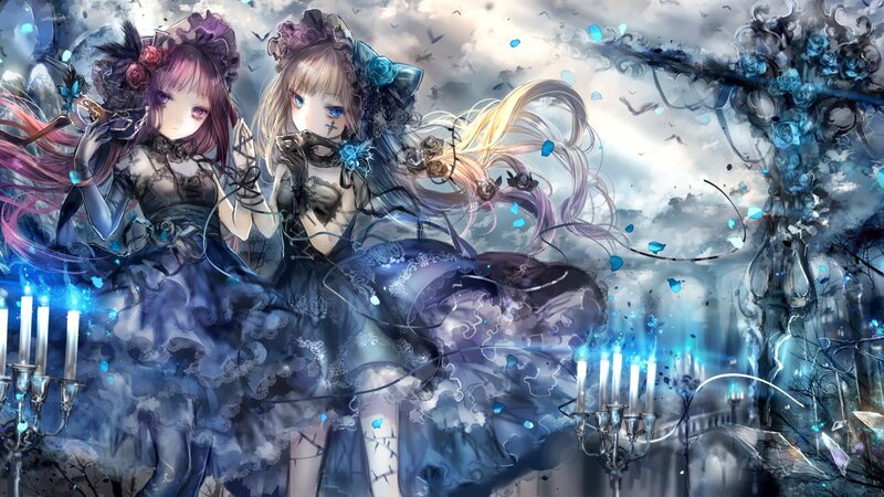 Two Girls in Gothic Dresses — Blue, Dramatic, Digital Art