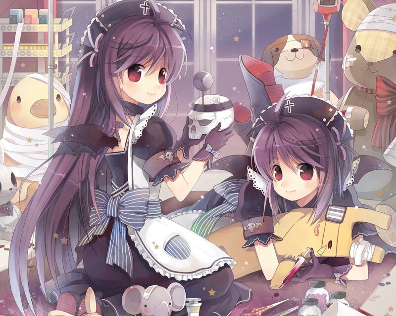 Two girls in gothic maid outfits