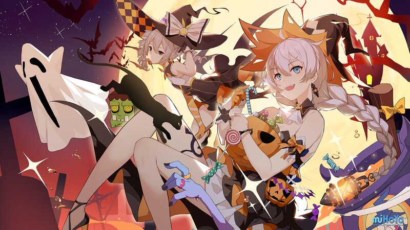 Two Girls in Halloween Costumes — Orange, Festive, Night