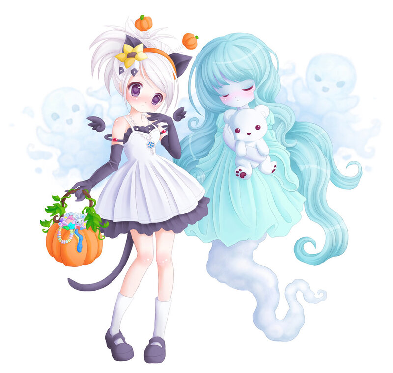Two Girls in Halloween Costumes — White