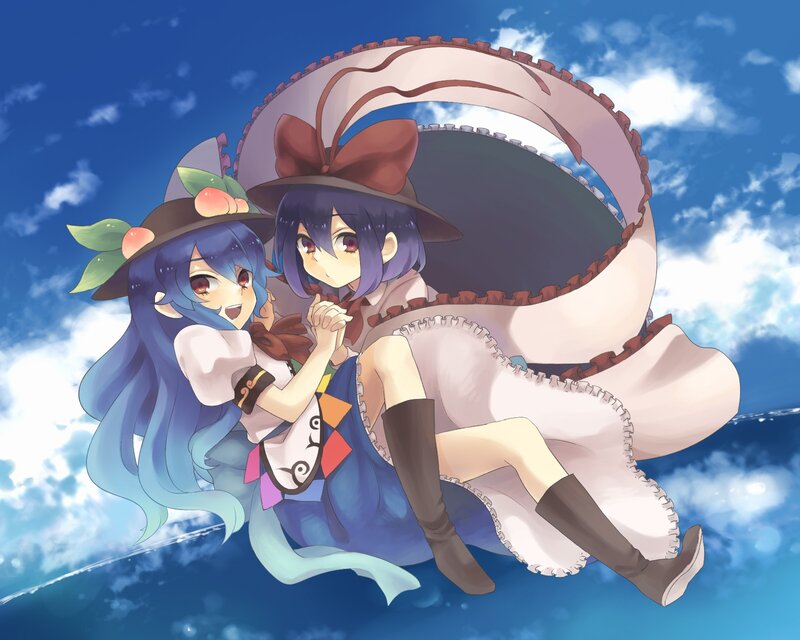 Two girls in hats flying through the sky