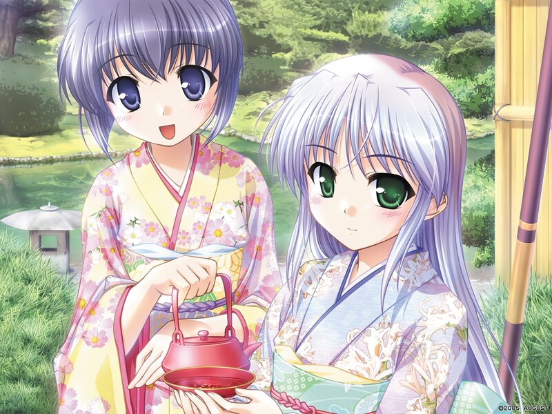 Two girls in kimonos at a garden
